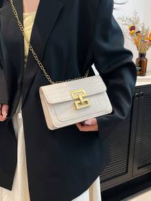 1pc Women's New Fashion Vintage One Shoulder Bag, Metal Chain Lightweight Crossbody Bag, PU Material, Casual Flap Square Bag, Crocodile Skin Bag, Girl Shopping Bag, Suitable For Women's Daily Commute, Compact And Portable - White - View 4