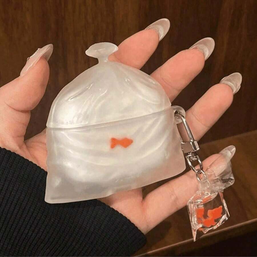 1PC Creative 3D Goldfish Bag With Pendant Silicone Apple Bluetooth Earphone Case Compatible With Apple 1/2/Pro/3/Pro2/4 Generations Shockproof, Protective, Dustproof, FashionableValentine's Day Gift For Her QY2W - 可愛透明魚形耳機盒 - 查看 1