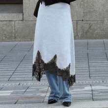 女士春夏优雅缎面拼接不对称蕾丝边半身裙，闪亮双色，简约时尚，适合日常和约会穿着。 - 淺藍色 - 查看 5