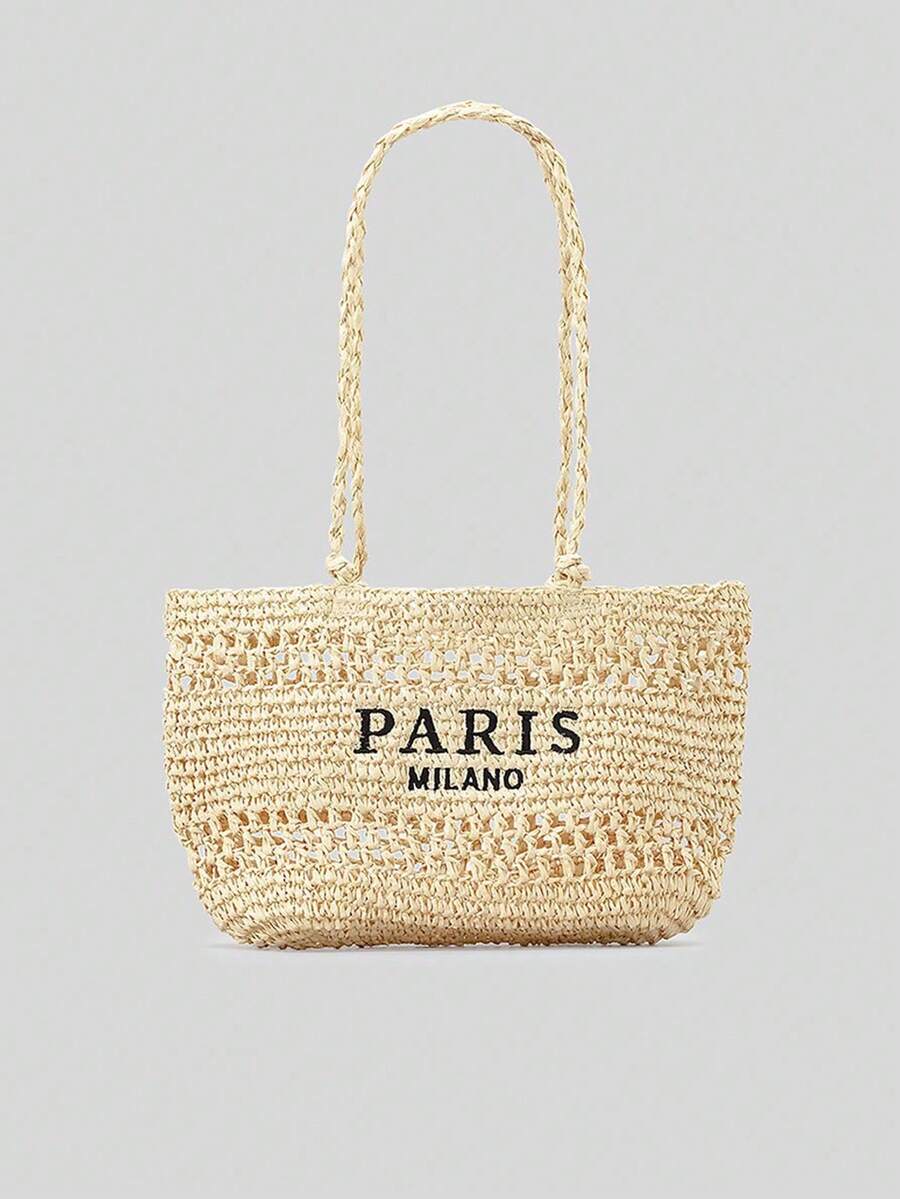 夏季镂空刺绣字母草编包 女款田园风海边度假沙滩包 纯手工编织单肩包（不含珠宝） - 米色 - 查看 1