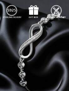 1pc 925 Sterling Silver Infinity Symbol Zirconia Decor Adjustable Bracelet (Eternal Bond Edition), Gift Box, Suitable For Daily Wear And Valentine's Day Gift - Silver - View 6