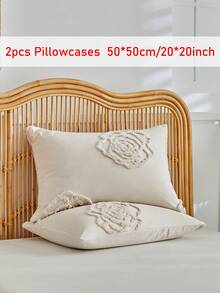 半件装波西米亚风枕套，乡村风卡其色花朵簇绒纹理枕套，适用于卧室、沙发、长椅等，柔软透气，可机洗，四季皆宜，不含枕芯 - 卡其色 - 查看 9