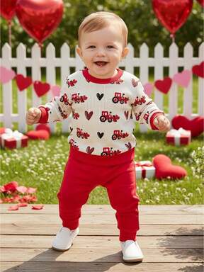 Conjunto de 2 piezas para San Valentín de niño pequeño, camiseta de manga larga con cuello redondo y estampado de tractor con corazón y pantalones con cintura elástica