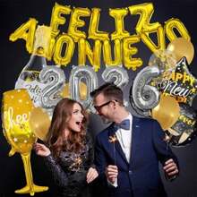 Kit Globos Metálicos Letrero Letras Decoración Fiesta Feliz Año Nuevo 2026 Botella y Copa Globos Latex Lentejuela Dorada 28 Pzas(default) - Multicolor - Ver 3