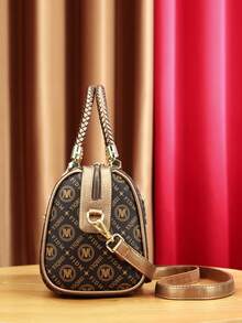 Fashionable Women's Handbag With Printed Boston Pillow Design, Large Capacity Shoulder Bag For Commuting - Rose Gold - View 6