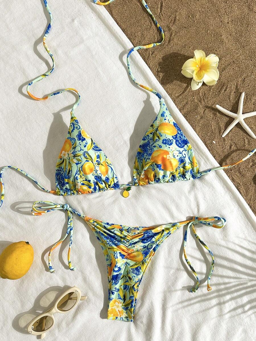 女士夏季沙滩柠檬印花露背系带性感比基尼泳装套装 - 綠色 - 查看 1