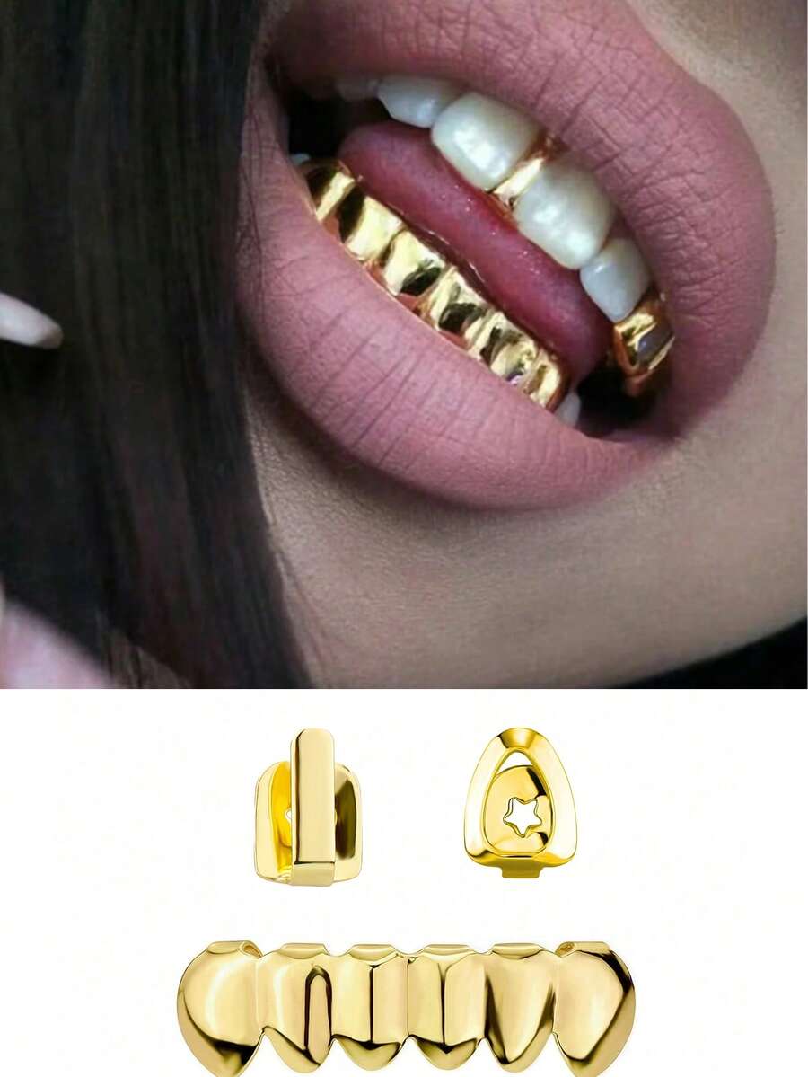3件套14K镀金铜镂空心形夹式牙饰，Y2K Grillz情人节万圣节装饰牙套，女士款 - 彩色 - 查看 1