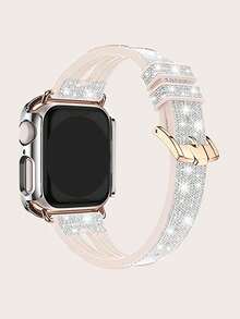 1 Set Apple Glitter Silicone Color Changing Watch Band + Double Row Rhinestone Watch Case Protector Compatible With 38/40/41/42/44/45/49mm Ultra/SE/8/7/6/5/4/3/2/1 - Silver + Silver - View 6