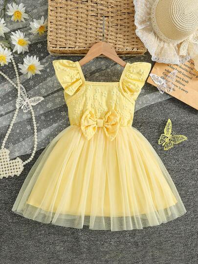 Girls' Sweet Floral Jacquard Dress With Ruffle Trim, Bow Decor, Lining, Casual & Elegant Mesh Dress For Girls, Suitable For Party, Dance, Daily Wear