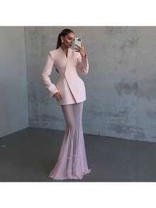 French Celebrity Style Solid Color Long-Sleeved Suit Micro-Transparent Mesh Skirt Suit - 粉色 - 查看 2