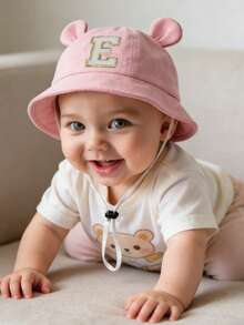 1 pieza Sombrero de sol con estampado de letra A-Z, gorra de protección solar de ala ancha para niños y niñas con correa para la barbilla - Rosa - Ver 3