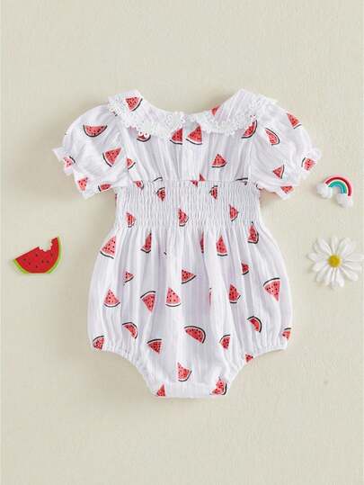 0-18 Months Baby Girls Summer Romper Adorable Cherry Watermelon Print Short Sleeve Doll Collar Jumpsuit