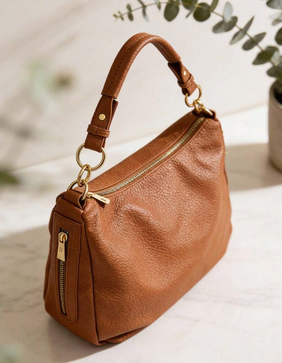 Women's Large Hobo Bag With Modern Finish And Ring Detail - 鏽棕色 - 查看 1