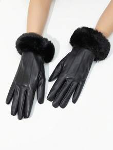 1pair Women's Leather Touchscreen Gloves With Fuzzy Lining, Warm And Windproof Halloween Accessories Winter Gloves - 黑色 - 查看 6