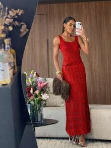Tuscan Long Elegant Party Set For Women - 紅色 - 查看 2
