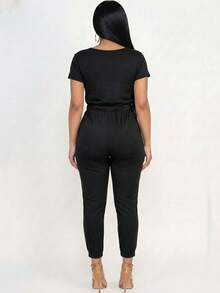 Women's Solid Color Casual Two-Way Shoulder Tie Waist Drawstring Short Sleeve Jumpsuit Scoop Neck Off Shoulder Jumpsuit For Women - 黑色 - 查看 3