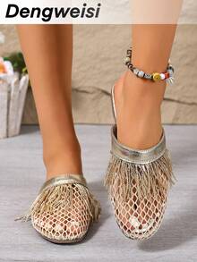 Sandal đế bằng kiểu Bohemian phối lưới vàng, tua rua, thoáng khí, mũi tròn, đa năng, thoải mái, thích hợp đi làm hàng ngày, đi biển, nghỉ dưỡng, mùa xuân hè cho nữ. - Vàng - Xem 4