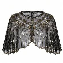 Kravon Evening Party Dress For Women, Vintage Sequin Hollow Cape Stage Dress With Lace Shawl - Màu be - Xem 5