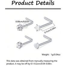 4pcs Cute Women's Nose Stud Set, 20g Stainless Steel Heart Star Design Cubic Zirconia, L-Shaped Screw, Daily Wear - Nose Ring Set - View 3