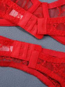 3件套性感女士蓝色网纱刺绣吊带背心内衣套装 - 紅色 - 查看 6