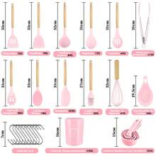 Juego de 34 utensilios de cocina de silicona resistentes al calor con mangos ergonómicos de madera, fáciles de limpiar y antiadherentes. - Rosa - Ver 4