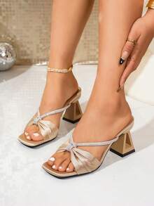 New Rhinestone Square Toe Slide Sandals For Women, French Chunky Heel High Heels, Comfortable Slip-On Beach Sandals With Bow - Gold - View 6
