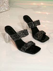 Women's Square Toe Mule Shoes With Sequins, Hollow-Out Crystal High Heel Sandals,Spring Summer Outfits - Black - View 6