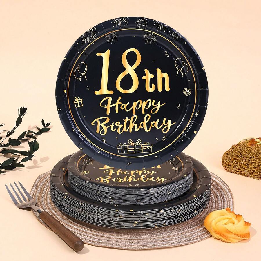 10个/20个/40个/50个装 18岁生日装饰 男女通用 18岁生日快乐 黑金7英寸和9英寸纸盘餐具 适用于18岁生日派对,女士和先生适用,18周年纪念甜点盘 复古18岁生日装饰 - 彩色 - 查看 1