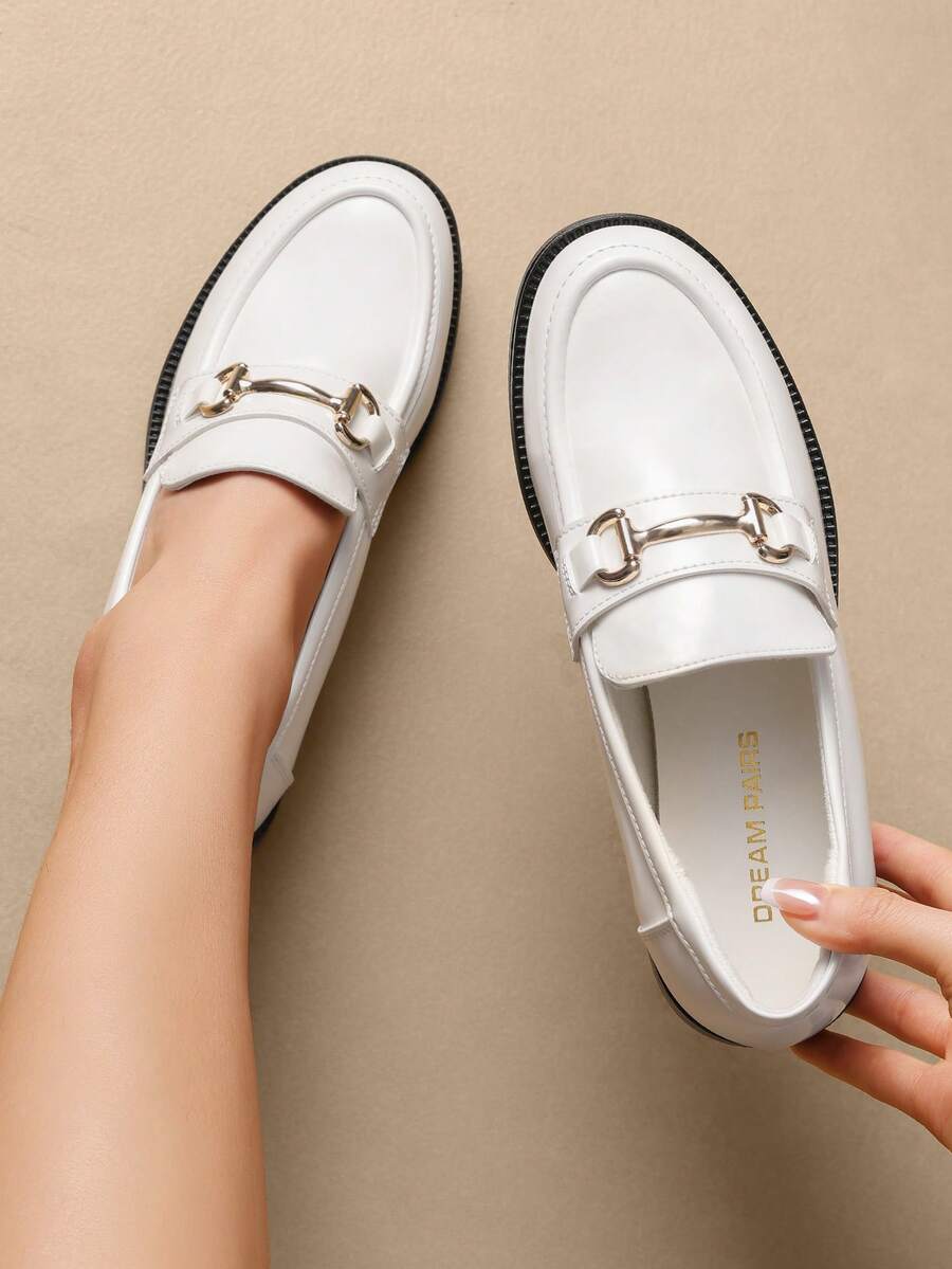 Women Loafers Metal Horsebit Flats Slip On Commuting Dressy Casual Business Work Office Chunky Low Heel Loafers Shoes - 白色 - 查看 1