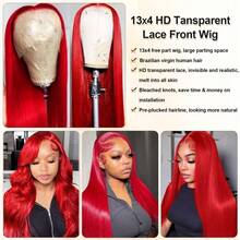 38 Inch Red Lace Front Wig Human Hair Brazilian Virgin Straight Lace Front Wigs Human Hair 250% Density Colored Human Hair Wig 13x4 HD Lace Frontal Wig For Women Burgundy Red Colored Pre Plucked With Baby Hair Natural Hairline - SRed - 查看 3