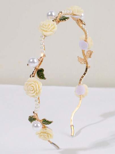 1件金色金属发箍，女士米色立体花叶发圈，优雅仿珍珠发带，甜美公主风发箍，派对女士发饰