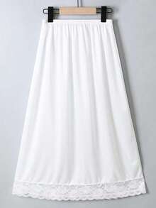 Knee-Length White Satin Contrast Lace Lining Skirt, Opaque Anti-Flashing Lace Trim A-Line Skirt, Matching Underskirt