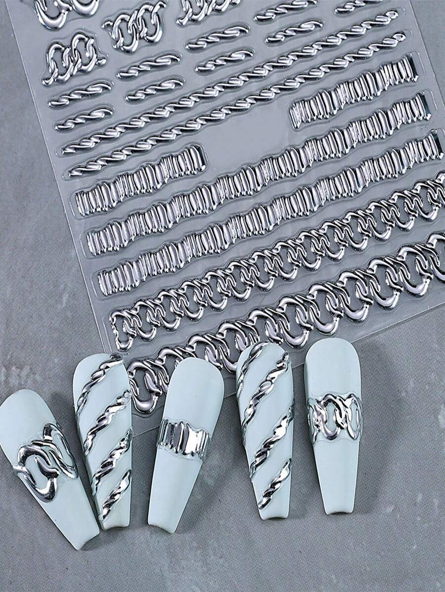 1张5D立体复古链条美甲贴纸，1张金色箔线法式简约线条锁链美甲贴花，银色金色浮雕波浪线情人节美甲贴纸美甲用品 - 彩色 - 查看 1