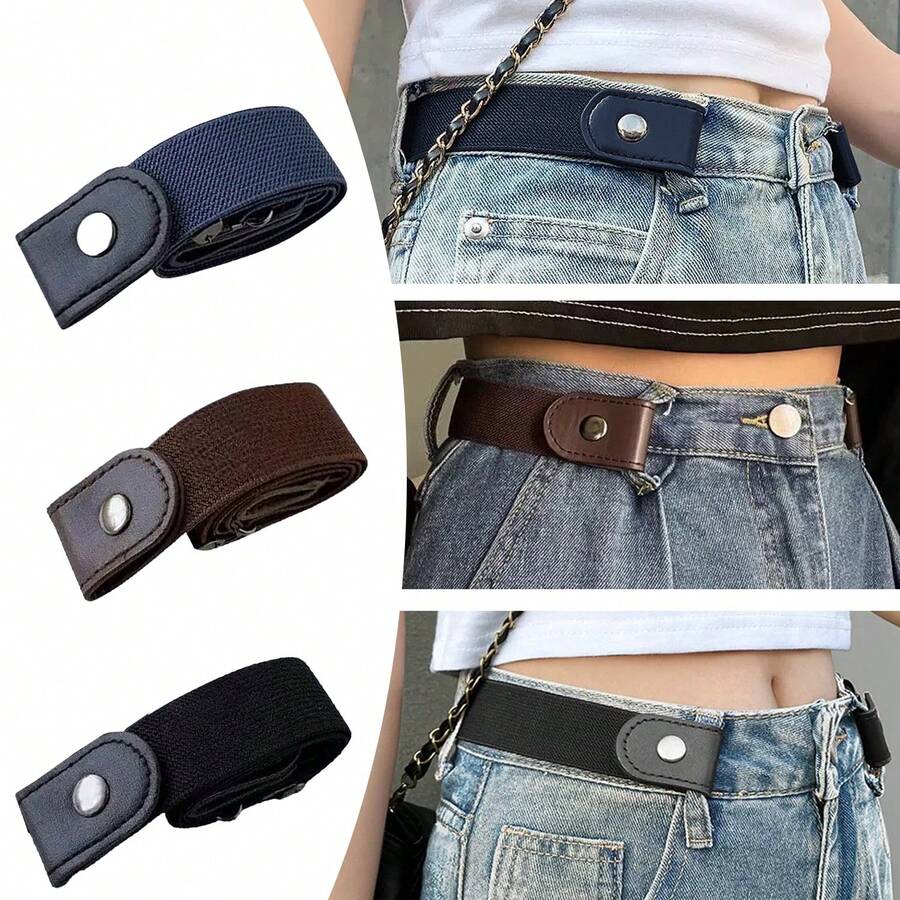 3PCS No Buckle Elastic Belt Set, Invisible Stretch Belt For Women & Men, Adjustable High Stretch Waistband For Jeans & Pants – Universal Size 24-40 Inch, Leather & Canvas, Comfort Fit No Bulge - mặc định - Xem 1