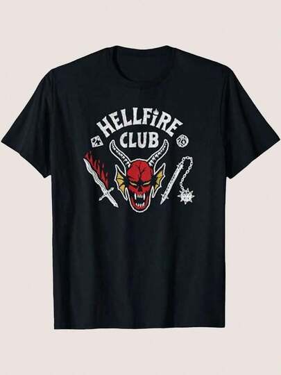 Playera de Diseño Alternativo "Strangor and Thing 4 Hellfire Club" con Calavera y Armas - Estilo Urbano y Atrevido en Algodón 100% Suave, Corte Unisex para Hombre y Mujer, Ideal para Conciertos, Eventos Casuales o como Regalo para Fans