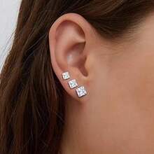 1pair Stainless Steel Square Cubic Zirconia Stud Earrings For Men And Women, Simple And Noble Design, Perfect Holiday Gift - Silver - View 3