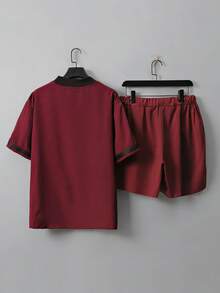 Set de 2 piezas con top de manga corta con estampado de letra en cuello de béisbol y shorts, conjunto deportivo casual - Rojo - Ver 3