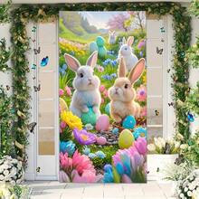 2 piezas planas, 1 pieza Decoración de puerta de conejito de Pascua - Material de poliéster, patrón de conejito en campo de flores de tono macaron, apto para decoraciones de jardín y fiestas interiores y exteriores, sin fuente de alimentación requerida, tema de conejito - 1 pieza - Ver 7