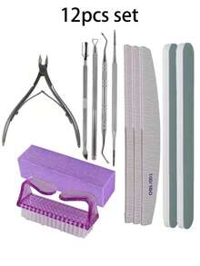 12件套美甲工具套装：100/180目指甲锉、抛光块、角质钳、角质推、清洁刷、专业粉色美甲护理套装、美甲护理套装、100/180目指甲锉、抛光块、角质钳、角质修剪器、角质推、美甲工具、美甲套装、修脚美甲工具、指甲准备套装、女士美甲套装 - 彩色 - 查看 10