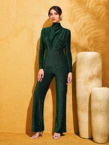 LOVE&LEMONADE Women's Shiny Green Turtleneck Ruched Design Long Sleeve Jumpsuit - Green - View 3