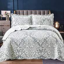 3 Piece Quilted Patchwork Bedspread Throw - Single Double King Size Bedding Set - Damask Grey - View 6