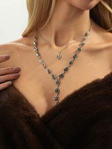 2pcs/Set Bohemian Style 3D Rose Pendant Necklace Set, Elegant Vintage Daily/Party Charm Metal Necklace Gift For Women - Necklace - View 4