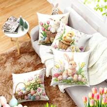 4 件套复活节抱枕套，农舍风格复活节元素印花，包含水仙花、兔子、绵羊、小鸡、彩蛋图案，涤纶面料，单面拉链印花抱枕套，复活节家居装饰，适合派对用品、家用沙发、床、椅子、农舍户外露台装饰 - 彩色 - 查看 1