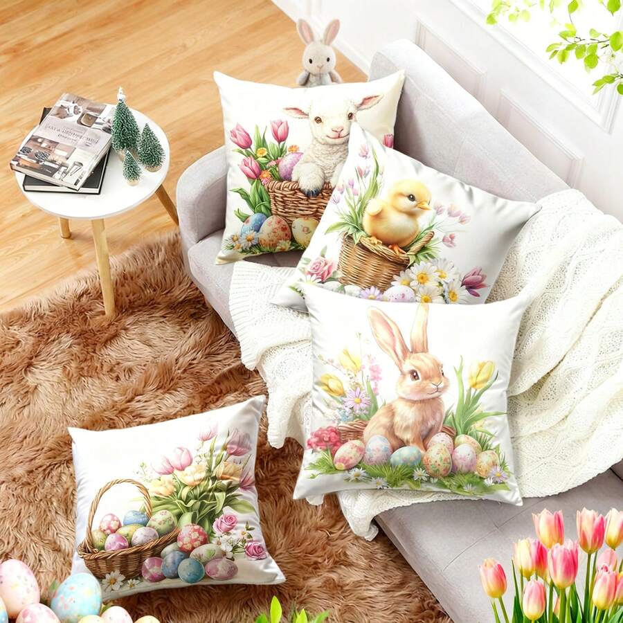4 件套复活节抱枕套，农舍风格复活节元素印花，包含水仙花、兔子、绵羊、小鸡、彩蛋图案，涤纶面料，单面拉链印花抱枕套，复活节家居装饰，适合派对用品、家用沙发、床、椅子、农舍户外露台装饰 - 彩色 - 查看 1
