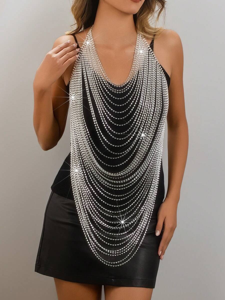Sparkling Rhinestone Tassel Women's Chest Chain, Sexy Backless V-Neck Crop Top For Party And Carnival - Silver - View 1