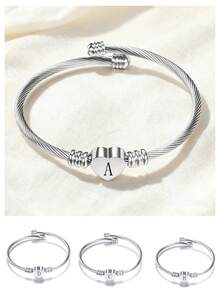 1PC Silver Heart 26 Letter Initial Bracelet-A-Z Stainless Steel Engraved Charm Bracelet, Woman Jewelry For Family & Friends Birthday Festival  Surprise Gift - 銀色 - 查看 3