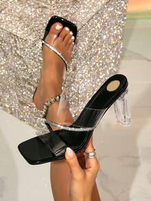 Women's Square Toe Crystal Embellished Strap High Heel Sandals