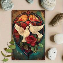 1pc Vintage  & Heart-Shaped Stained Glass Plaque, 8x12" - Rustic Peace And Love Wall Decor With Colorful Glass Effect, Ideal For Living Room, Balcony, Christmas, Thanksgiving, Valentine's Day, Festive Decoration|Heartshaped Decor|Rustic Finish - White - View 1