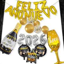 Kit Globos Metálicos Letrero Letras Decoración Fiesta Feliz Año Nuevo 2026 Botella y Copa Globos Latex Lentejuela Dorada 28 Pzas(default) - Multicolor - Ver 2