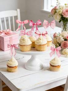 16pcs/Set Pink Bow Cake Topper, Pink Bow Party Cake Decoration Supplies,Pink Bow Cake Insert,Birthday Cake Decor, Baby Shower Party Supplies,Wedding Party Dessert Decor, Baking Decor Supplies,Ice Cream Decoration,Dining Table Decor,Pink Bow Birthday Party Decor, Birthday Gift Party Favor - Bow - View 7